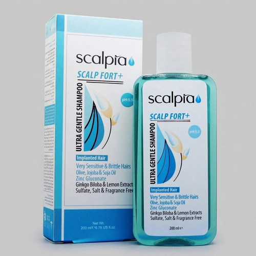 شامپو مو اسکالپیا مدل SCALP FORT حجم 200 میلیلیتر، تقویتکننده، فاقد سولفات و اسانس، حاوی روغن زیتون، سویا، عصاره جینکوبیلوبا و لیمو، مناسب موهای حساس و شکننده